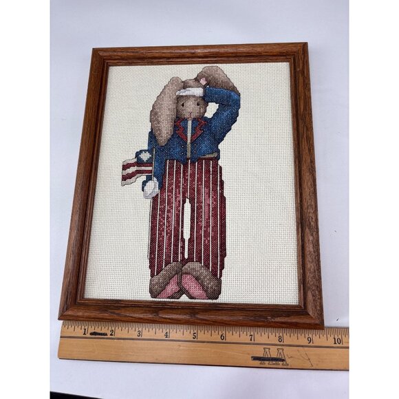 Patriotic Bunny Cross Stitch Framed Art Wood Frame Decorative Vintage - Picture 3 of 8